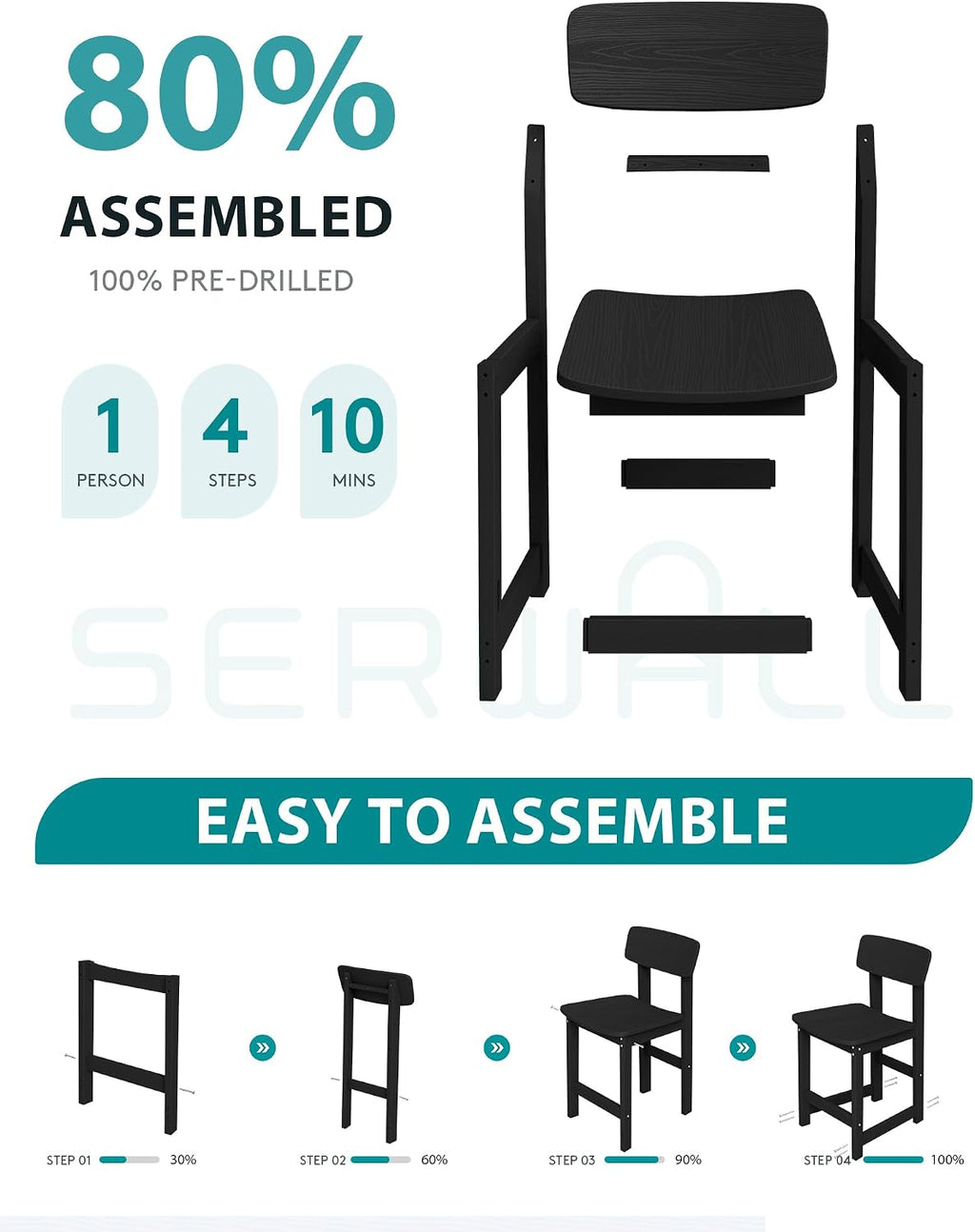 SERWALL Outdoor Bar Stools Set of 2, All Weather HDPE 25' Counter Height Bar Stools with Back, Outdoor Armless Barstools for Patio, Garden, Backyard, Balcony, Poolside, Black