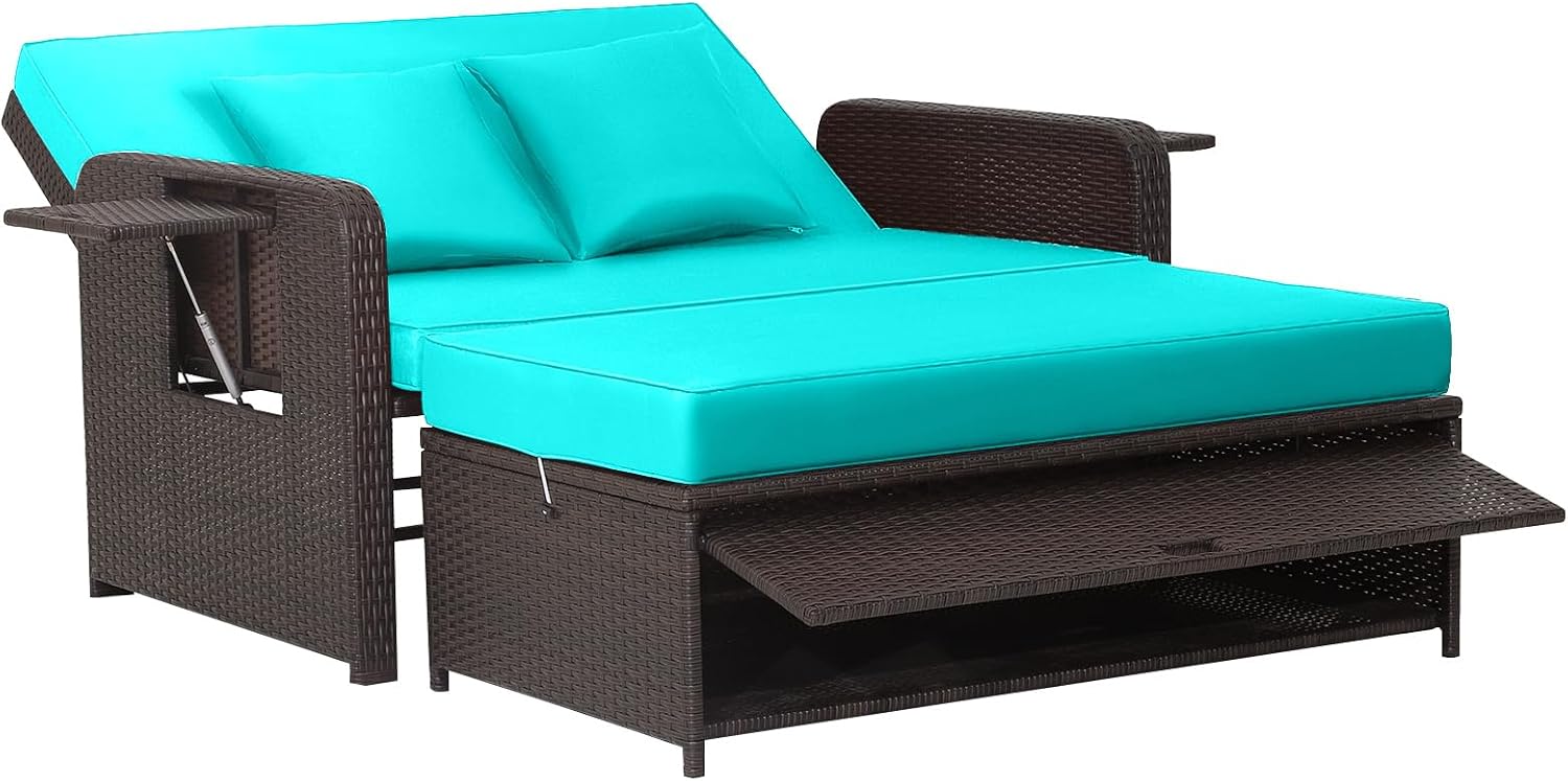 COSTWAY Patio Rattan Daybed with Cushions, Outdoor Wicker Loveseat Sofa with Storage Ottoman, 4-Level Adjustable Backrest, Bed Lounger for Yard, Balcony, Porch, Garden, Pool (Turquoise)