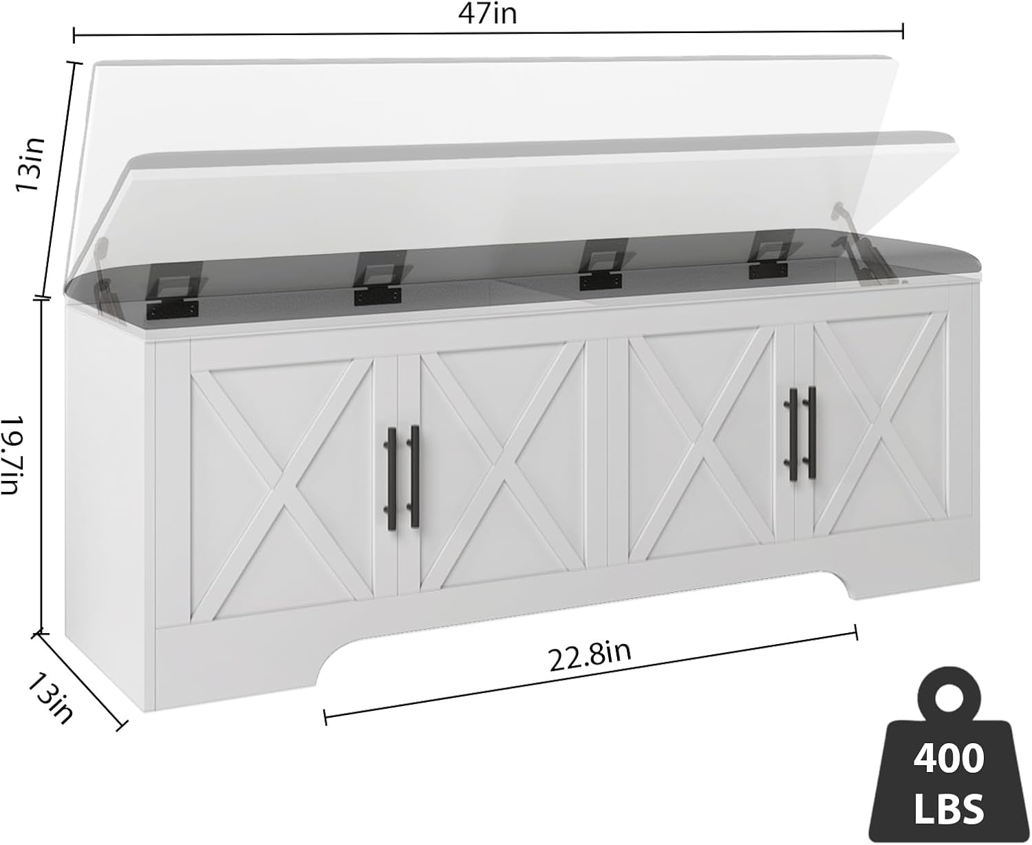 DreamDashio Farmhouse Storage Bench with Lift Top Storage, 47.2' Entryway Bench with Cushioned Seat, End of Bed Bench, Wooden Storage Chest Trunks, for Entryway, Bedroom, Living Room,White
