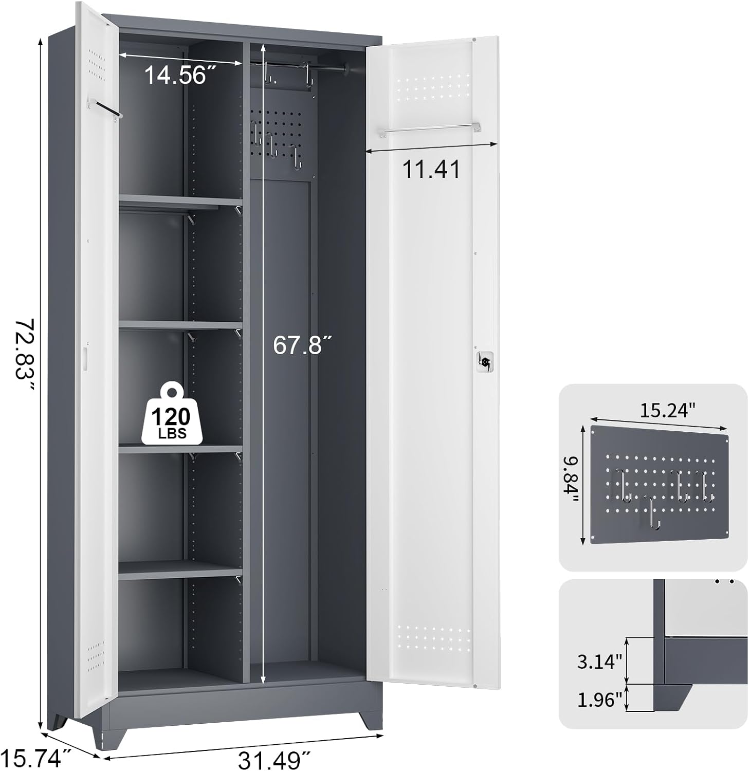 LUCYPAL Broom Storage Cabinet with Locking Doors and Shelves,Broom Closet Storage Cabinet with Hanging Rod and Hooks,Metal Garage Cabinets for Kitchen,Bathroom,Office 72.8' H White&Grey