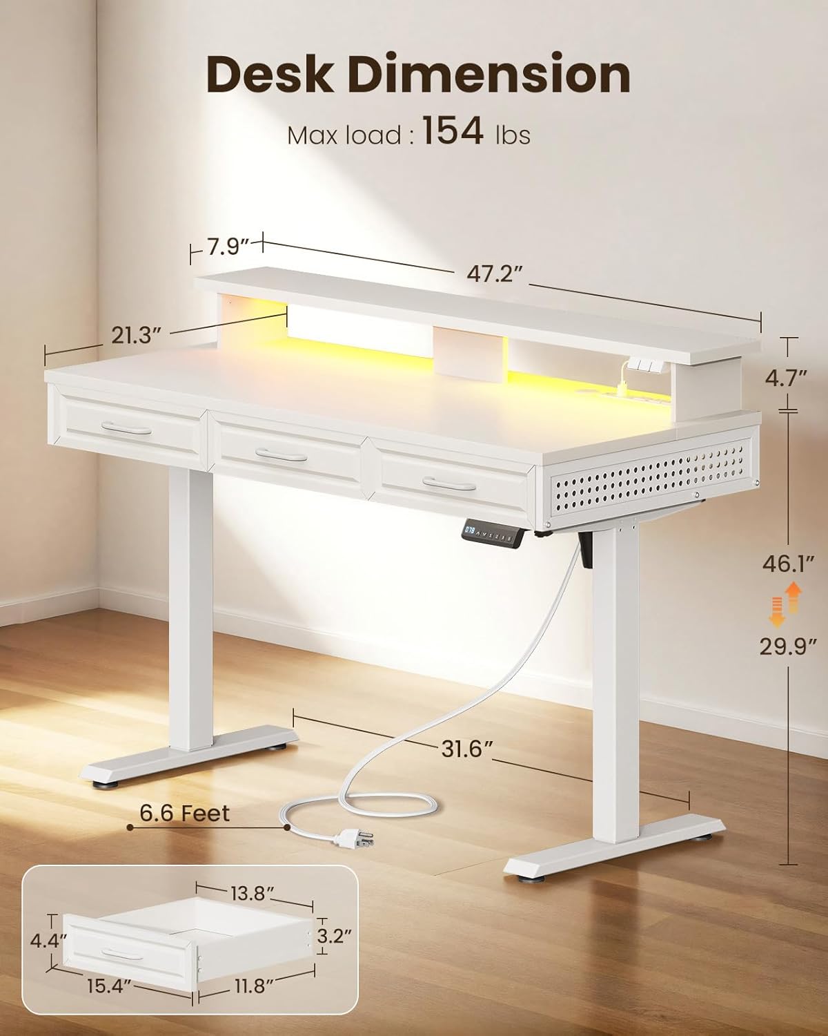 OffiGo Electric Standing Desk with 3 Wooden Drawers, 48 Inch Height Adjustable Desk with Power Outlets & LED Lights, White Sit Stand Table with Monitor Stand for Home, Office, Workstation