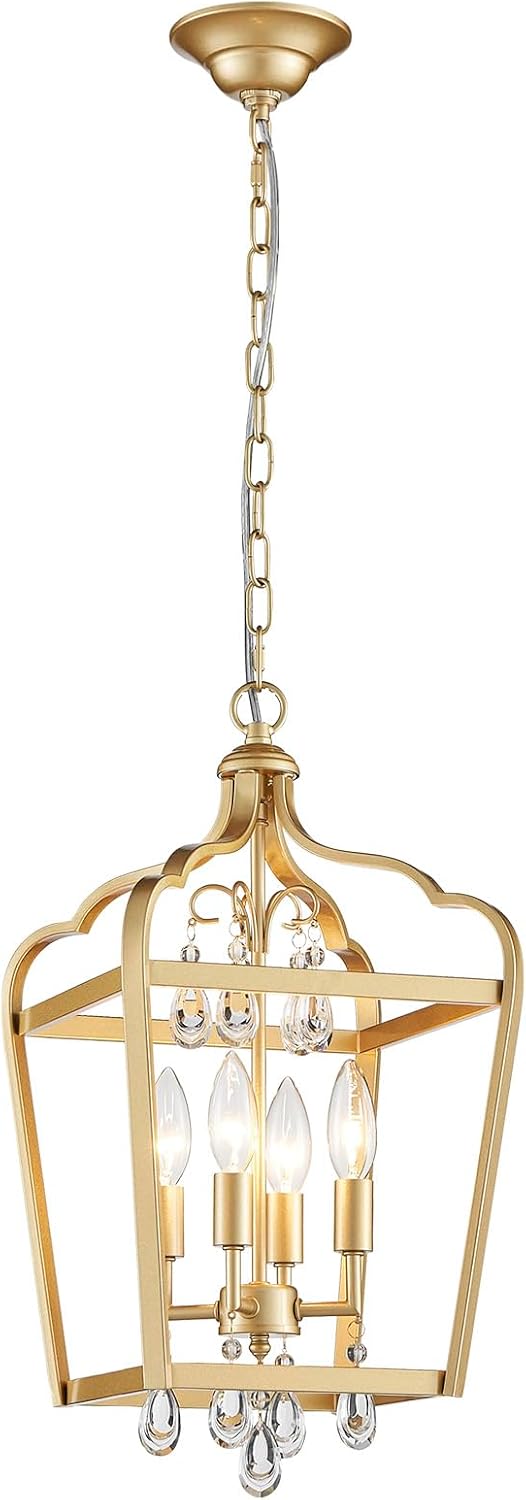 Gold Crystal Chandelier, 4-Light Modern Chandeliers for Dining Room Light Fixture Over Table Adjustable Height Hanging Farmhouse Pendant Light for Hallway Entryway Living Room Kitchen Island Bedroom