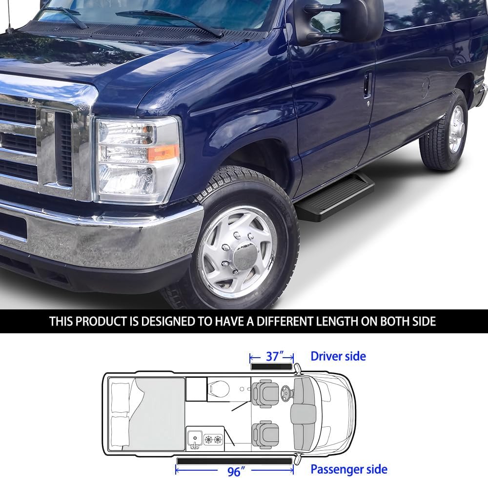 APS Running Boards (Nerf Bars Side Steps Step Bars) Compatible with Ford Econoline 1999-2014 Full Size Van 3-Door (Black Powder Coated Running Board Style)