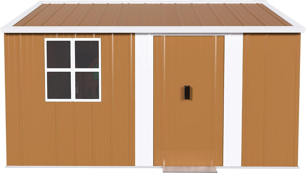 12x10 FT Heavy-Duty Metal Tool Shed with Windows, Lockable Door & Ventilation, Weatherproof Outdoor Garden Storage Shed for Backyard, Lawn, and Tool Organization, Brown