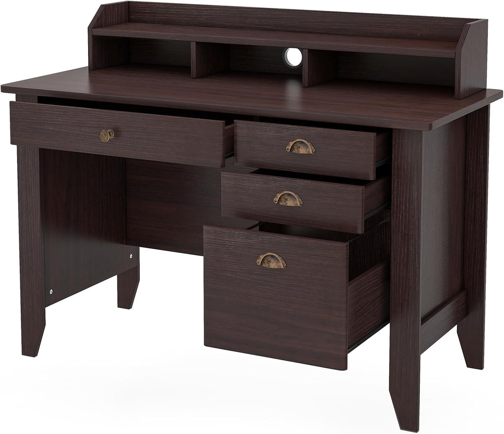 48' Vintage Computer Desk with 4 Storage Drawers & Top Hutch, Home Office Workstation with Drawer & Monitor Stand, Wooden Study Work Writing Table (Brown)
