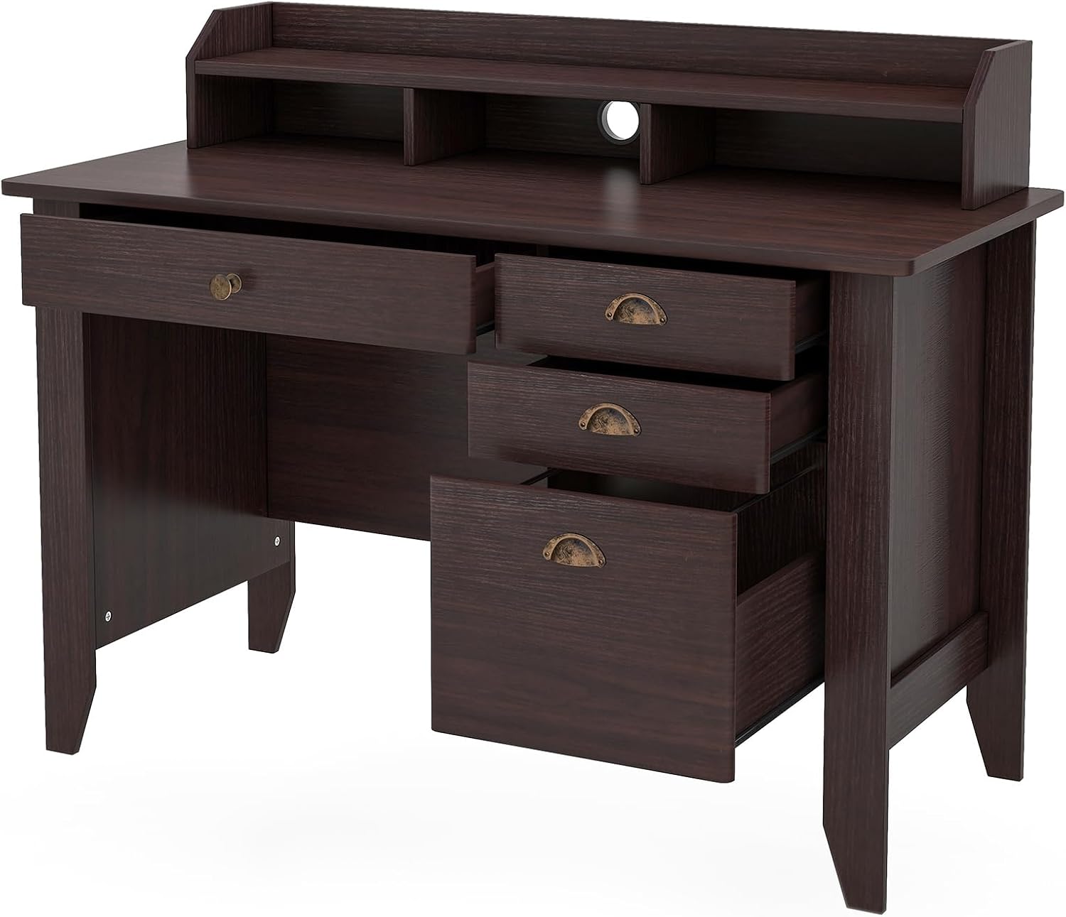 48' Vintage Computer Desk with 4 Storage Drawers & Top Hutch, Home Office Workstation with Drawer & Monitor Stand, Wooden Study Work Writing Table (Brown)