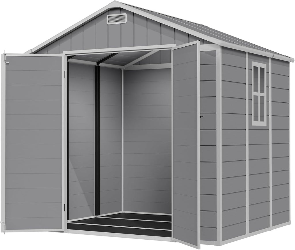Amopatio Storage Shed 6x8, Resin Outdoor Shed with Floor Included, Plastic Sheds Outdoor Storage for Bike, Garden Tools, Sheds & Outdoor Storage with Lockable Door, Window & Vents, Grey & White