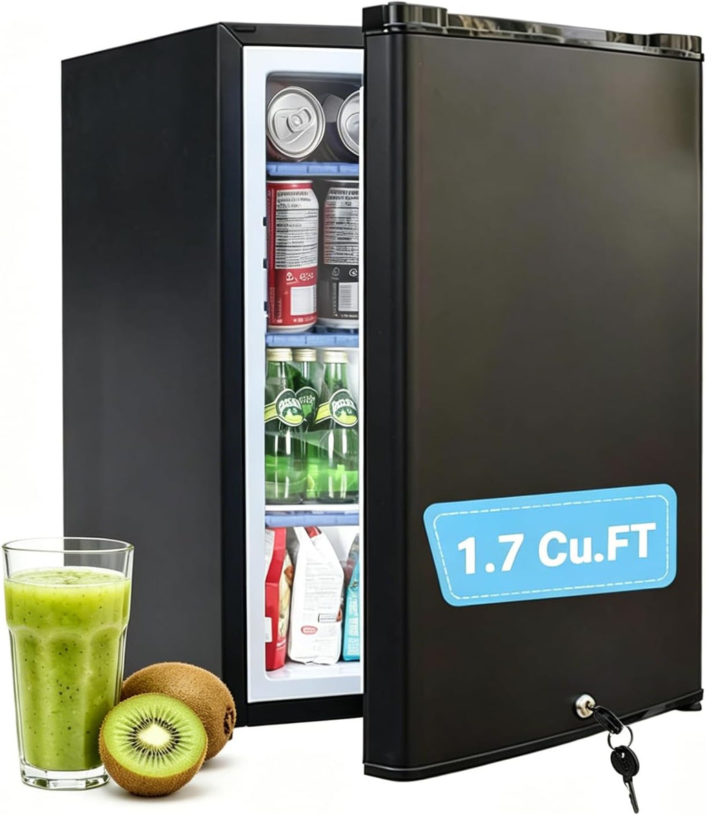 Smad Locking Mini Fridge, No Noise 110V/12V Compact Refrigerator 2 Ways RV Truck Caravan Beverage Car Mini Fridge with Lock, Reversible Door, 1.7 Cu.Ft, Black