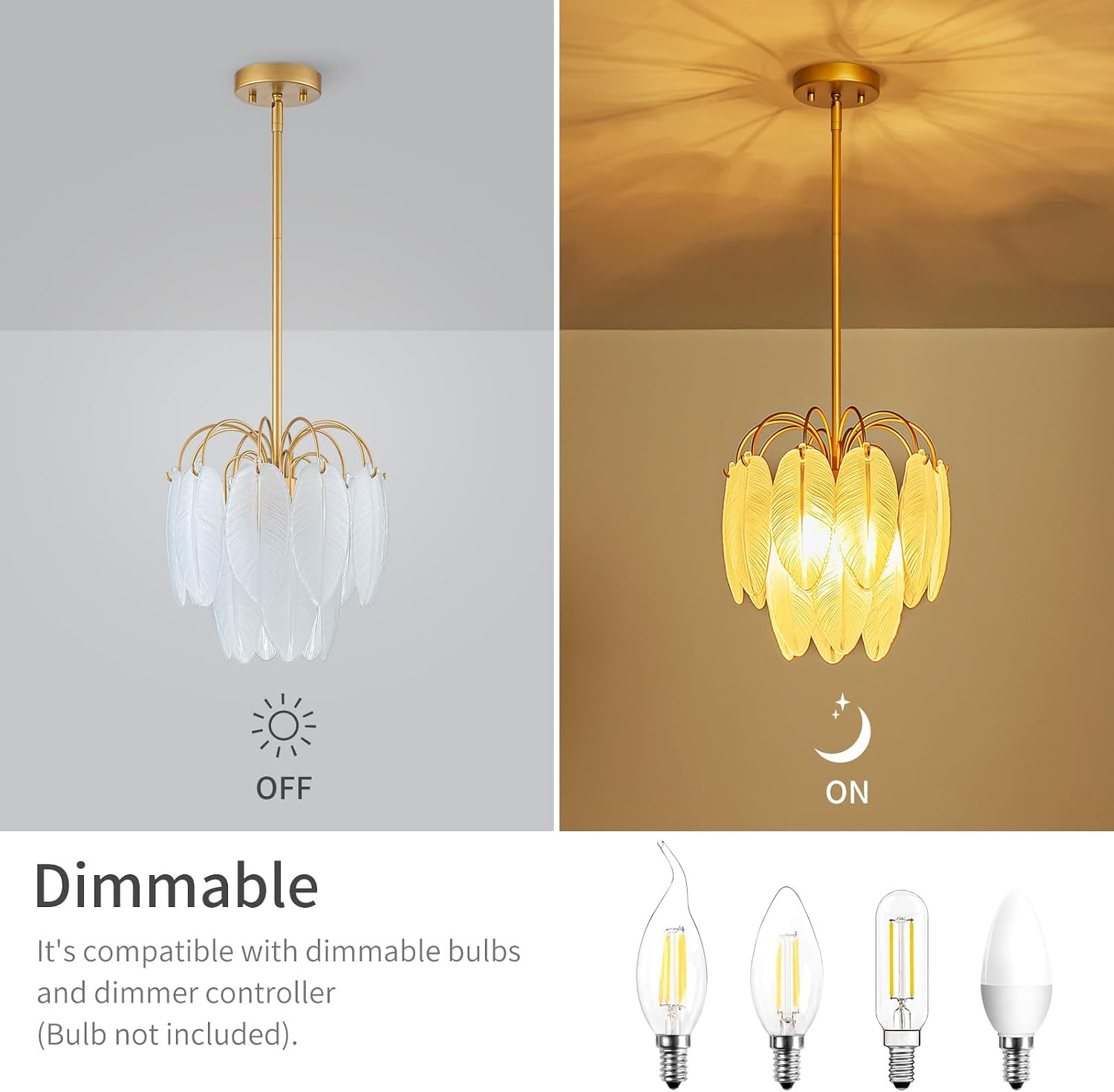 LumFurn D12in Glass Chandeliers, 3-Light Modern Pendant Light Fixture for Kitchen, Dining Room, Living Room, D12x18~47in Adjustable Height, Frosted Glass Feather Shade & Gold Finish Frame