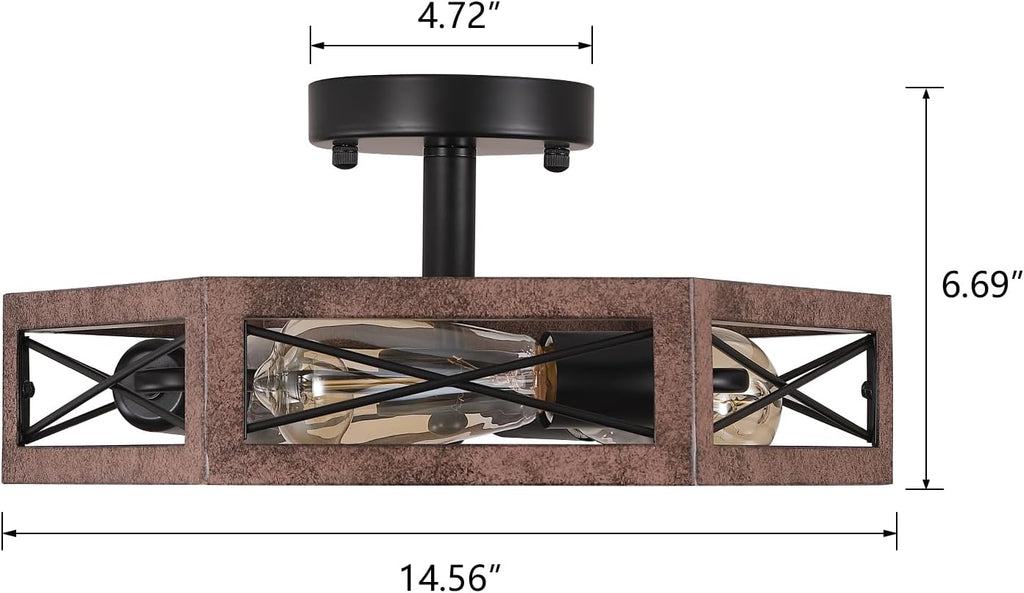 2 Pack 3-Light Rustic Farmhouse Metal Flush Mount Ceiling Light Fixture 14.5 inch Antique Oak Hexagon Cage Semi Flush Mount Ceiling Light for Hallway Hall Entry Bedroom Kitchen Farmhouse, Black