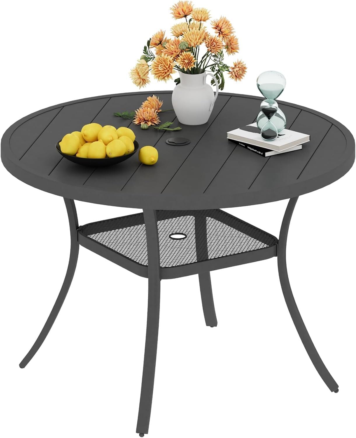 VICLLAX 40.6' Round Metal Outdoor Dining Table for 4, Patio Table with Umbrella Hole and Storage Shelf for Garden, Lawn, Deck, Dark Grey