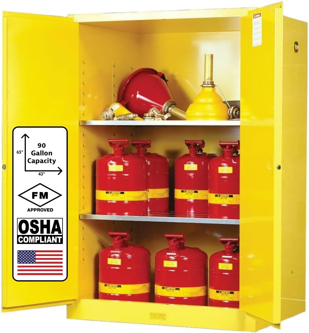 Justrite 90 Gallon Manual Close Flammable Storage Cabinet, 18 Gauge Steel, 2 Shelves, 2 Door Fire Cabinet, 65' x 43' x 34', Made in The USA, Yellow, 899000