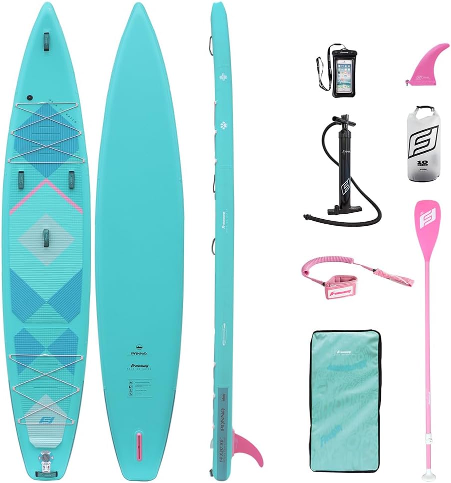 FREESUN Panna 14' x 30' Inflatable Stand Up Paddle Board, Elite Touring & Expedition iSUP with Tool-Free Quick-Install Fin, Glue-Free Heat-Fusion Tech, Fast Glide 14ft Speed Board