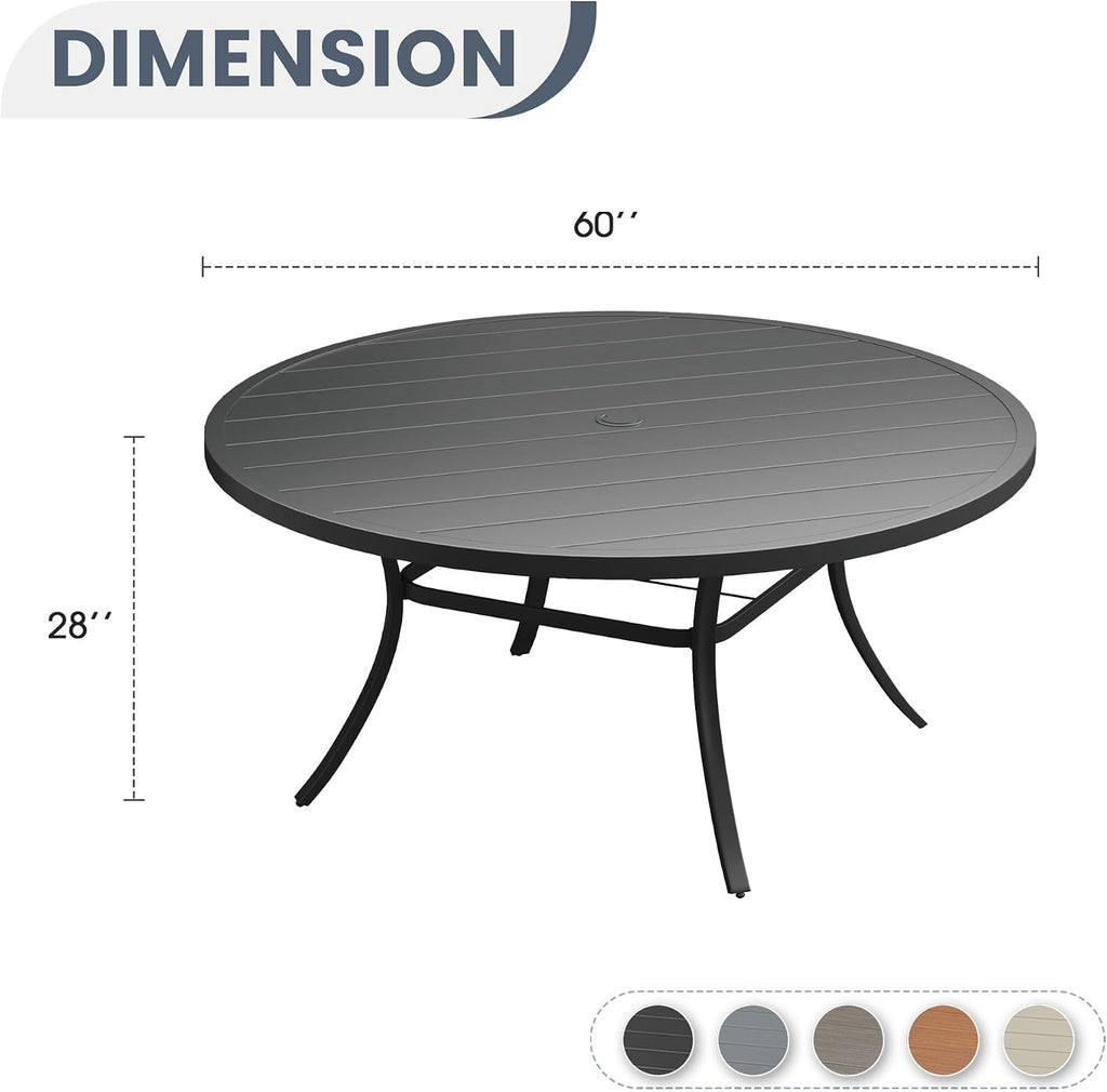 VICLLAX 60' Outdoor Round Patio Dining Table for 8-10, All Weather Metal Dining Table with Umbrella Hole for Deck Lawn Garden Backyard, Black