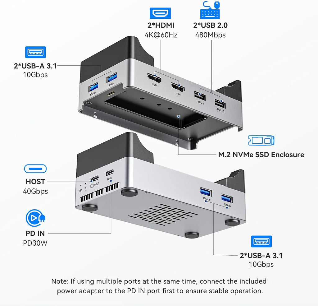 ANYOYO Mac mini M4 Dock, 40Gbps Docking Station Stand with 8TB M.2 NVMe SSD Enclosure, Dual HDMI 4K@60Hz, 4×USB-A (10Gbps), 2×USB-A 2.0, PD30W, Wi-Fi Friendly Design, USB Hub for Mac mini M4&M4 Pro