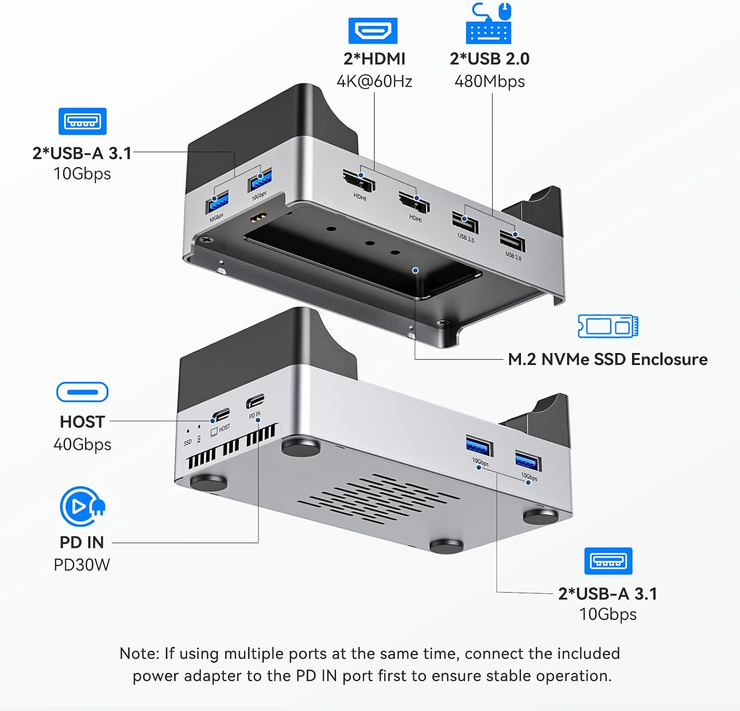 ANYOYO Mac mini M4 Dock, 40Gbps Docking Station Stand with 8TB M.2 NVMe SSD Enclosure, Dual HDMI 4K@60Hz, 4×USB-A (10Gbps), 2×USB-A 2.0, PD30W, Wi-Fi Friendly Design, USB Hub for Mac mini M4&M4 Pro