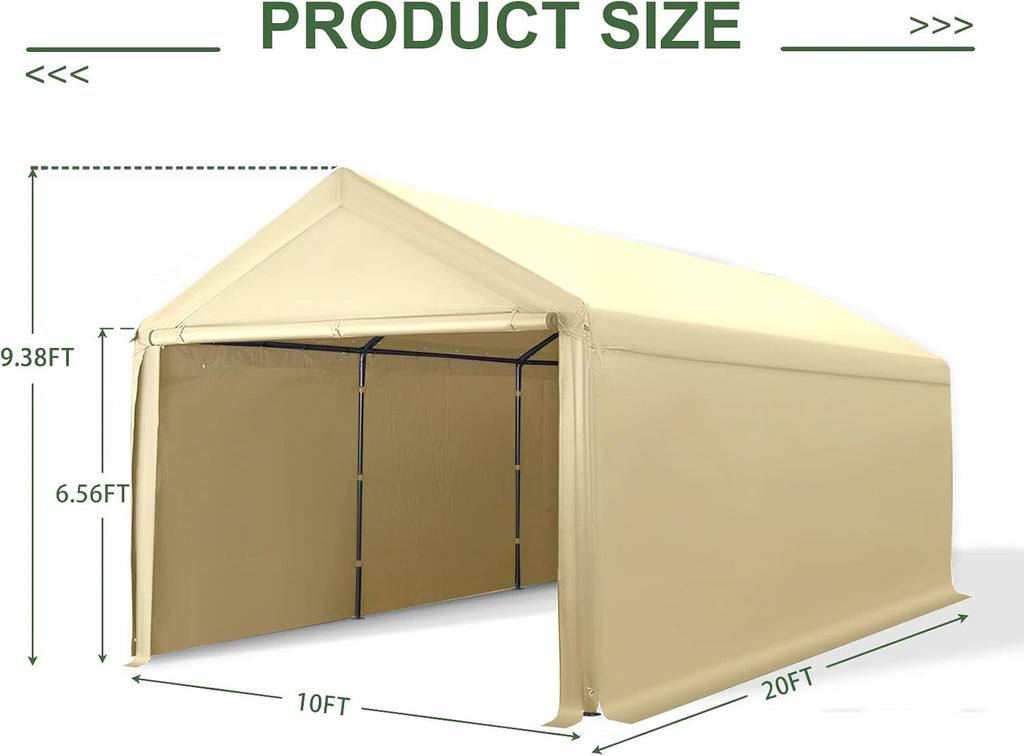 10x20 FT Heavy Duty Carport Car Tent Car Canopy Storage Shed, Portable Garage with Removable Sidewalls & Doors All-Season Tarp for Car,Truck,SUV,Party Beige
