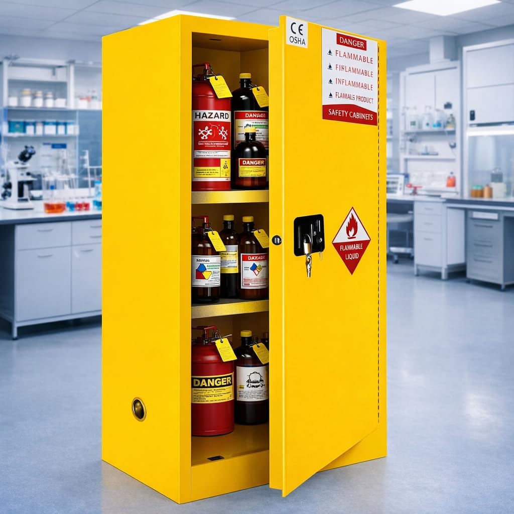 185 Gallon Flammable Storage Cabinet 75H x 25W x 30D, Yellow Galvanized Steel Safety Cabinet, Adjustable Shelf Fireproof Cabinet with 3-Point Key Lock, for Commercial Industrial and Home Use