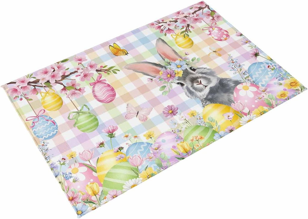 Easter Bunny Outdoor Rug for Patio/Deck/Porch, Non-Slip Large Area Rug 6 x 9 Ft, Spring Colorful Eggs Flower Branch Plaid Indoor Outdoor Rugs Washable Area Rugs, Reversible Camping Rug Carpet Runner