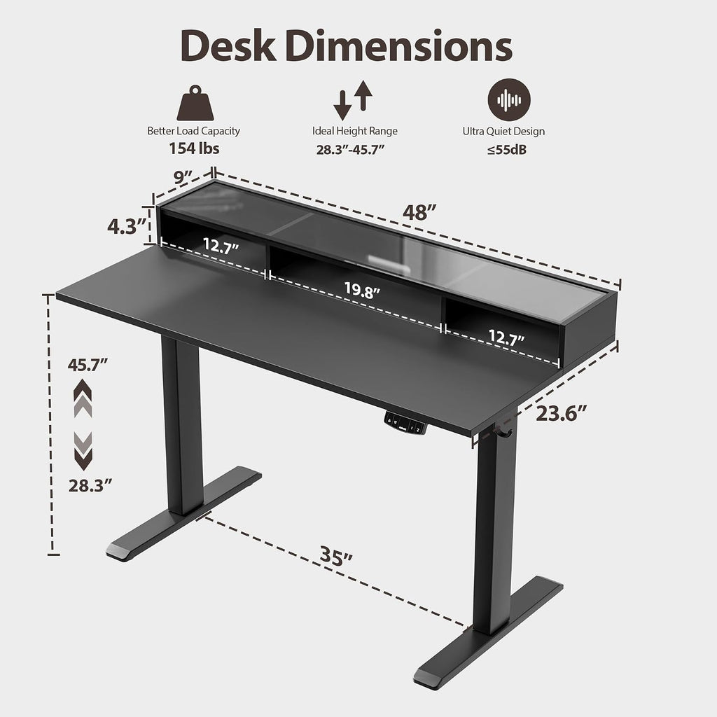 Agilestic 48 x 24 Inches Electric Standing Desk with Storage, Adjustable Height Sit and Stand Computer Table with Glass Shelf, Splice Board, Black
