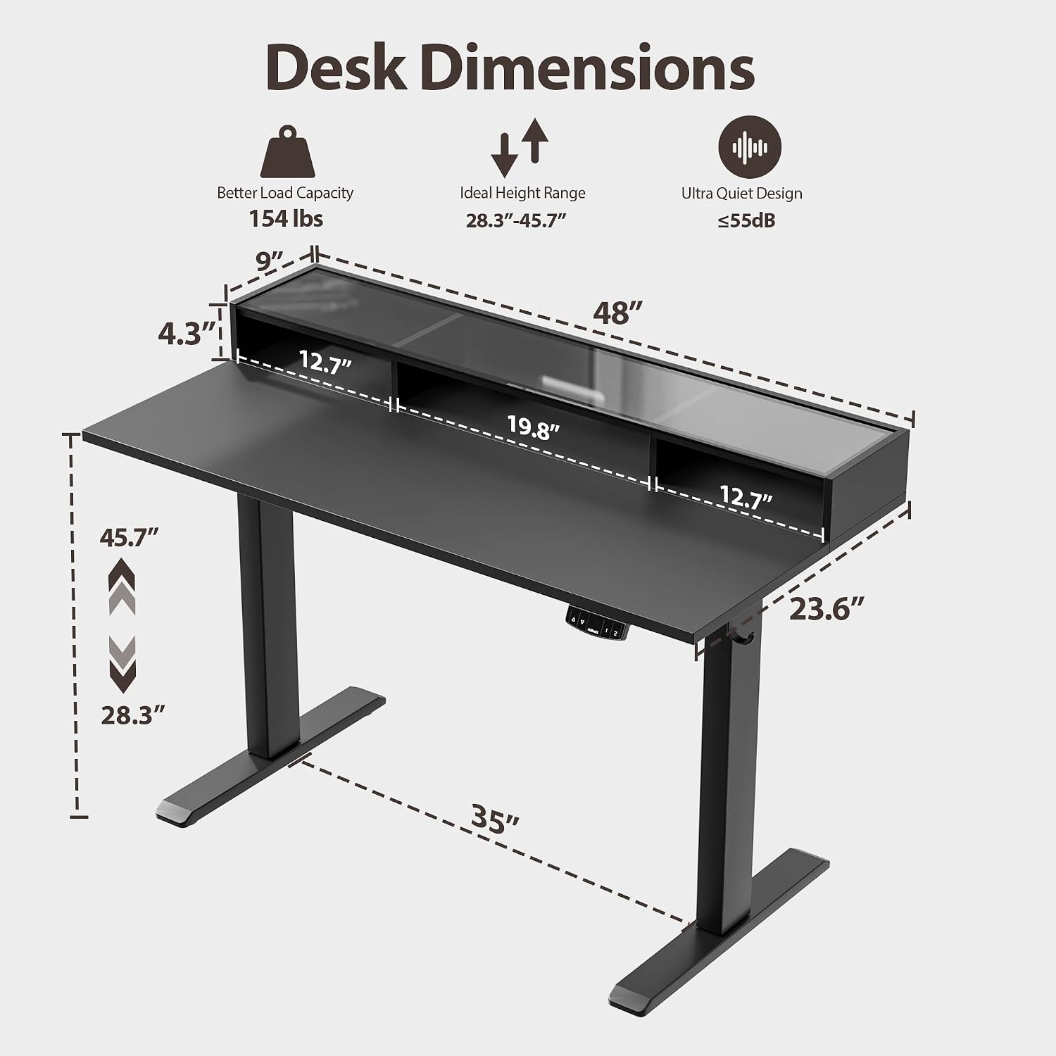 Agilestic 48 x 24 Inches Electric Standing Desk with Storage, Adjustable Height Sit and Stand Computer Table with Glass Shelf, Splice Board, Black