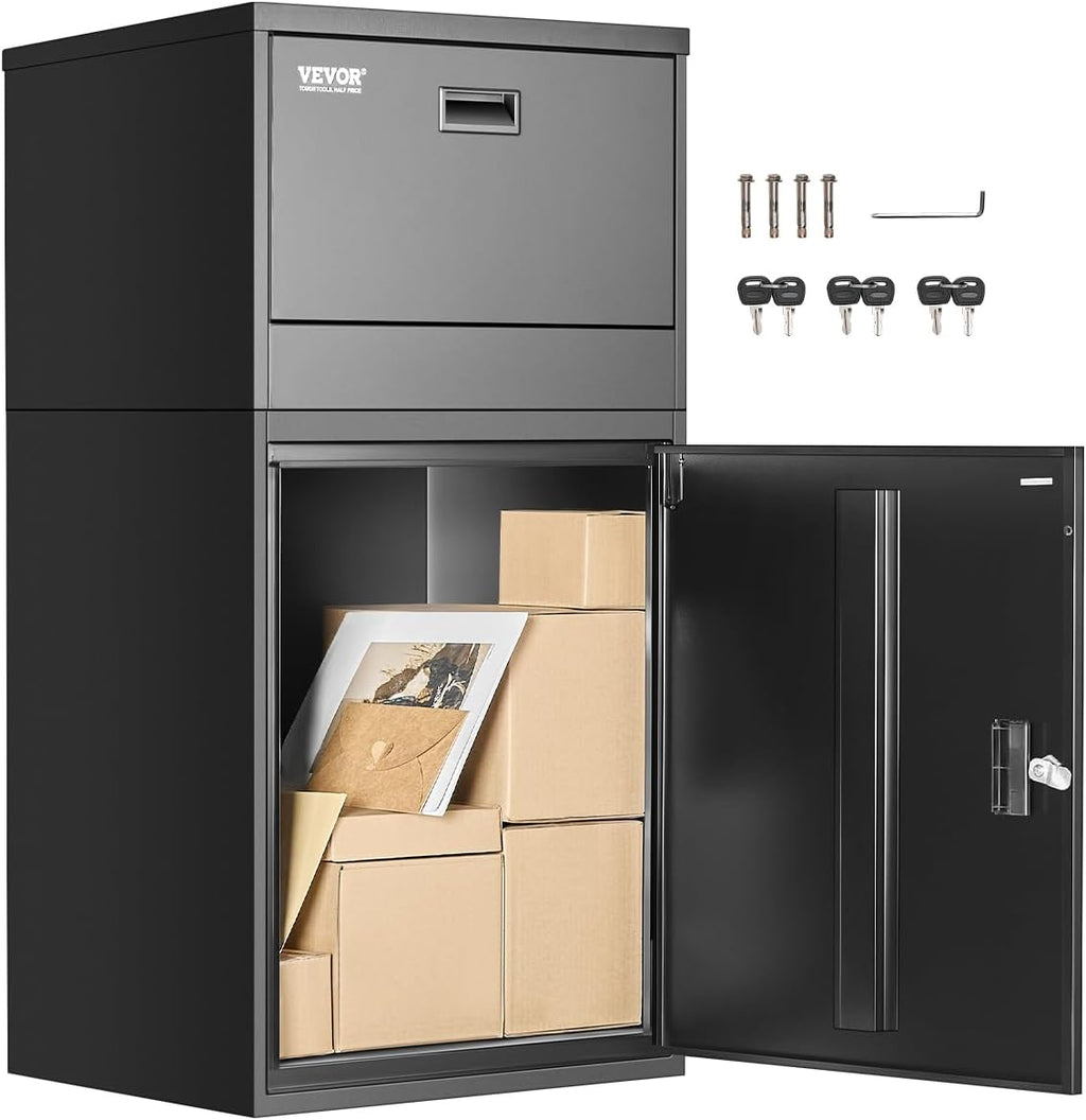 VEVOR Package Delivery Boxes for Outside, 38.6 in Mailbox for Parcel with Lock, Galvanized Steel Package Drop Box with Anti-Theft Design, Weather-Resistant Package Mailbox for Home and Office, Black