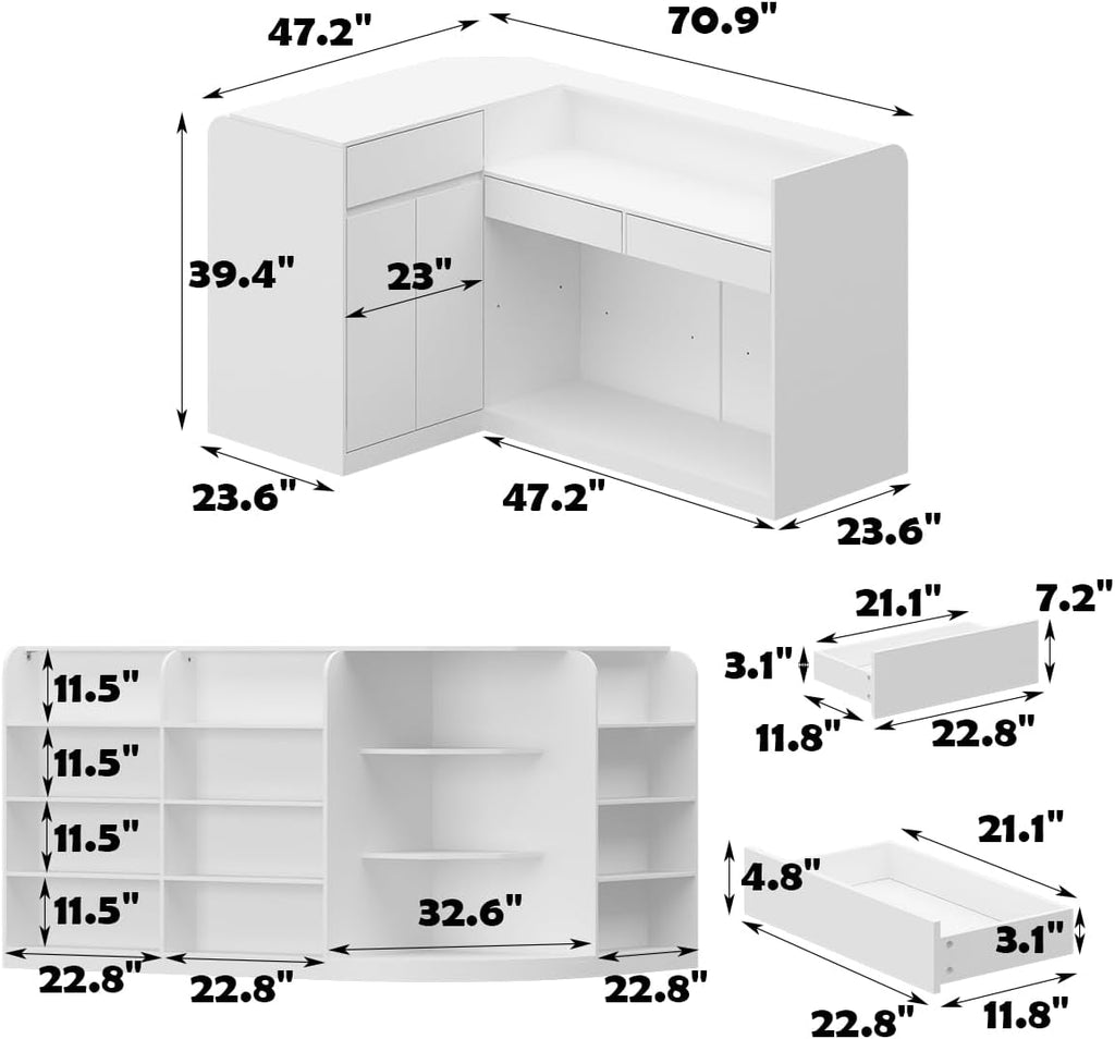ECACAD 70.9' Large L-Shaped Reception Desk with 3 Drawers, 15 Open Shelves, Counter Top & Monitor Stand, Office Desk Reception Counter Table with File Cabinet, White