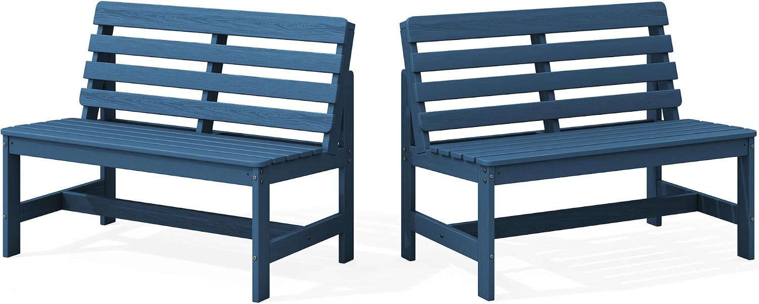 SERWALL Outdoor Bench, All Weather HDPE Outdoor Benches, 2-Person Armless Porch Bench with 600 lbs Weight Capacity, Patio Benches for Outdoors, Porch, Park and Dining, Navy, 2 Pack
