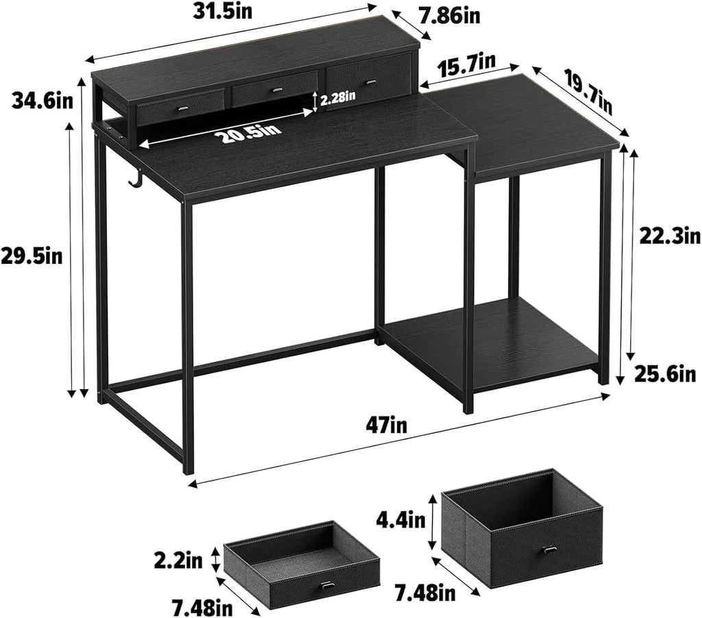 SINPAID 47 inch Computer Desk with Printer Shelf, Gaming Desk with Monitor Stand and Drawers, Reversible Home Office Desk with Storage Shelves and 2 Hooks, Home Workstation for Study Writing, Black