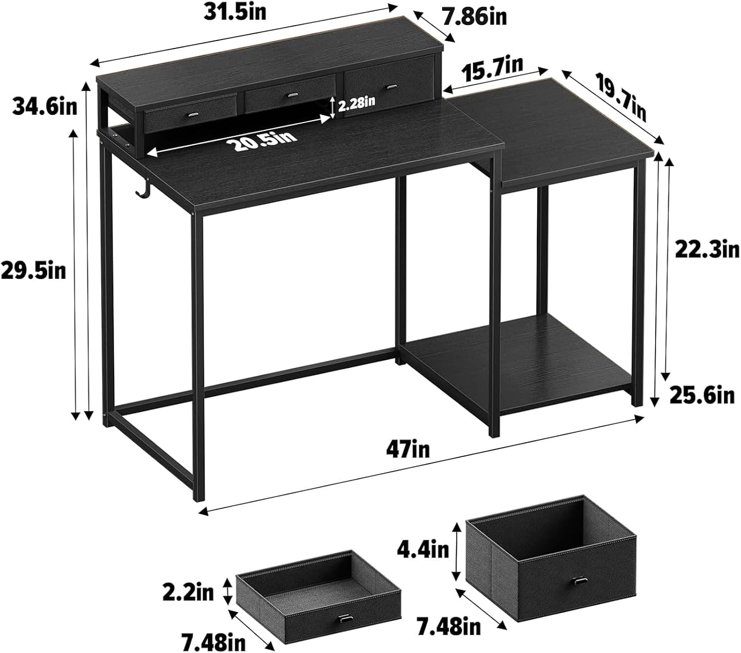 SINPAID 47 inch Computer Desk with Printer Shelf, Gaming Desk with Monitor Stand and Drawers, Reversible Home Office Desk with Storage Shelves and 2 Hooks, Home Workstation for Study Writing, Black