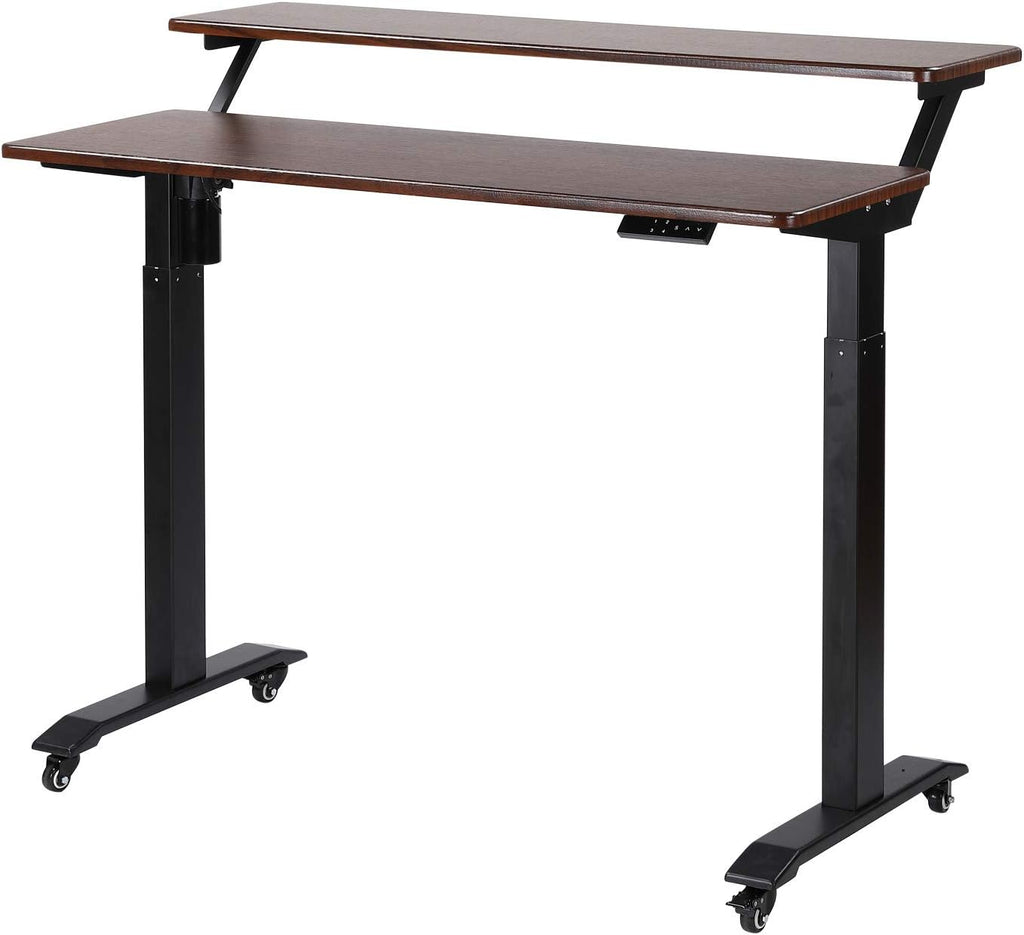 UNICOO Electric Height Adjustable 2-Tier Raising Desk with Wheels, Mobile Standing Desk with Monitor Stand, Ergonomic Adjustable Computer Table, Electric Standing Game Table for Home Office