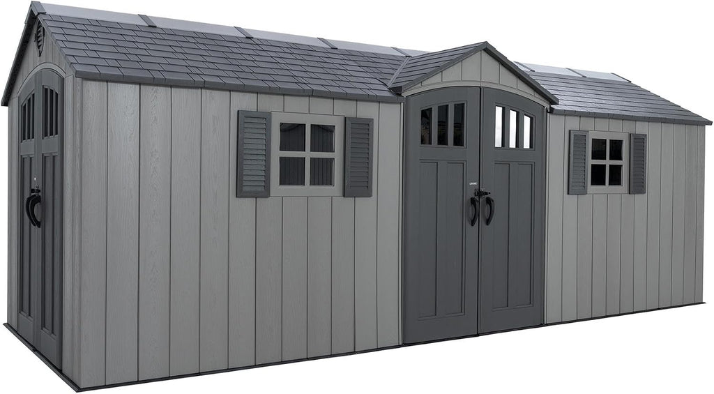Lifetime 20x8 Ft Outdoor Storage Shed, Gray HDPE Construction, Steel-Reinforced Walls, Dual-Entry Design with Lockable Doors, Skylights, Adjustable Shelving System, Snow Load Kit Included
