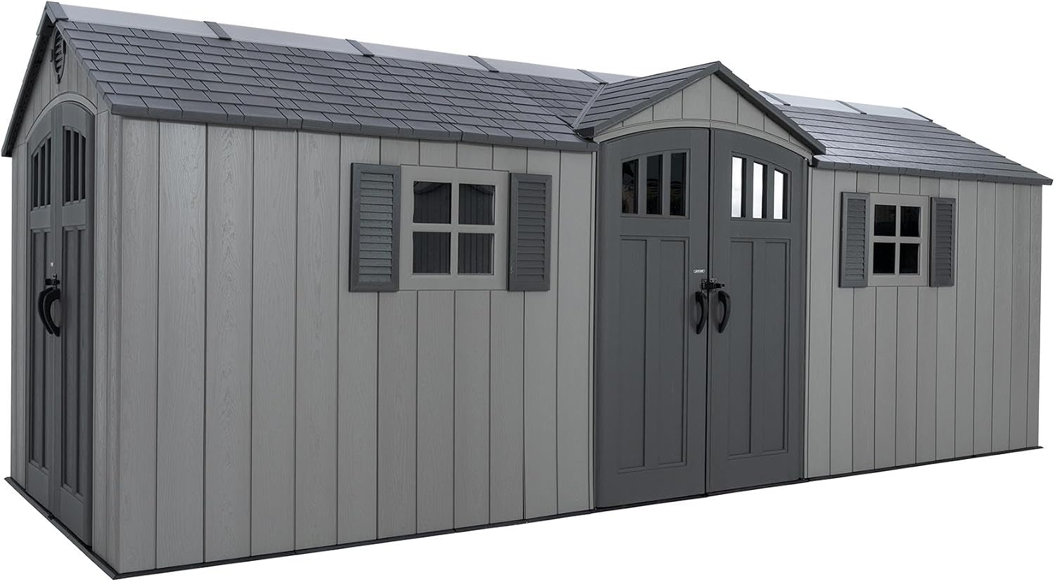 Lifetime 20x8 Ft Outdoor Storage Shed, Gray HDPE Construction, Steel-Reinforced Walls, Dual-Entry Design with Lockable Doors, Skylights, Adjustable Shelving System, Snow Load Kit Included