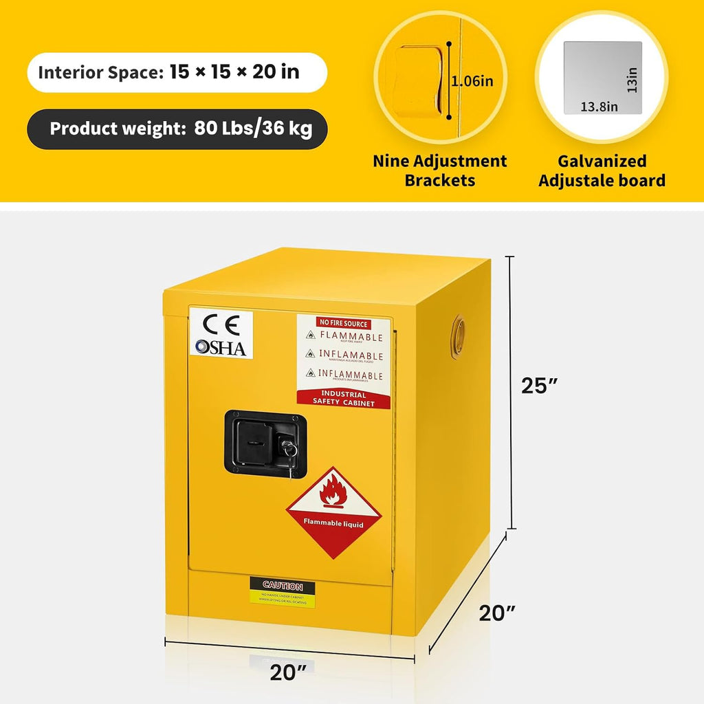 22 Gallon Flammable Cabinet, Hazardous Storage cabinets, Galvanized Steel Safety Storage Cabinet, Adjustable Shelf Fireproof Cabinet, for Commercial Industrial and Home Use 25H x 20W x 20D
