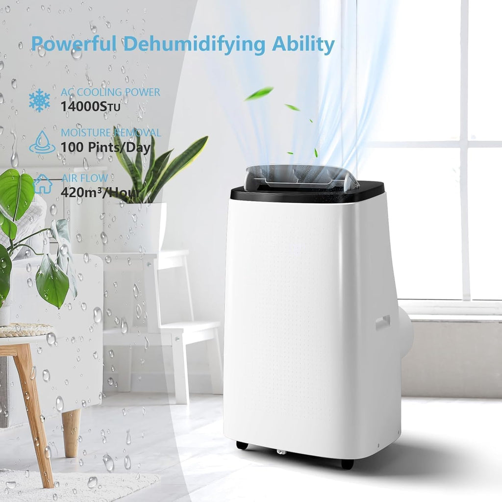 14000 BTU Portable Air Conditioner, with Remote Control 3 in-1 Ultra-Quiet Cooling, Dehumidifier & Fan for Rooms Up to 700 Sq. Ft. – Sleep Mode, 24H Timer & Windows Kit