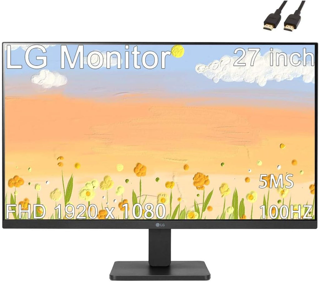 LG 27 inch Monitor, FHD IPS Display, AMD FreeSync Premium, 100Hz, 5ms, HDMI, 3-Side Virtually Borderless Design, Black, with HDMI Cable