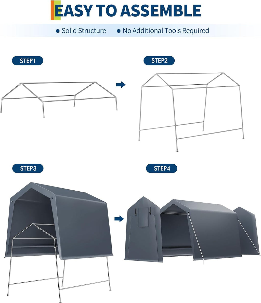 GarveeHome 6x6 FT Portable Outdoor Storage Shed with Roll-Up Zipper Door & Vent, 240G Heavy-Duty Shelter Waterproof PE Tarp, UV-Resistant Carport for Motorcycle, Firewood, Tools -Gray (Gray, 6x8)