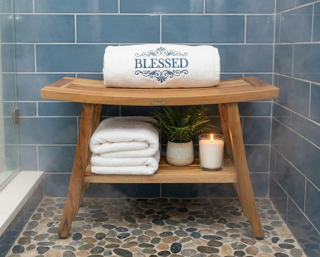EcoDecors 28' Satori Teak Shower Bench –Bath Seat, Natural Wood Finish Water-Resistant Spa Bench | Slatted Design & Adjustable Feet for Indoor Outdoor Use | Sturdy & Safe