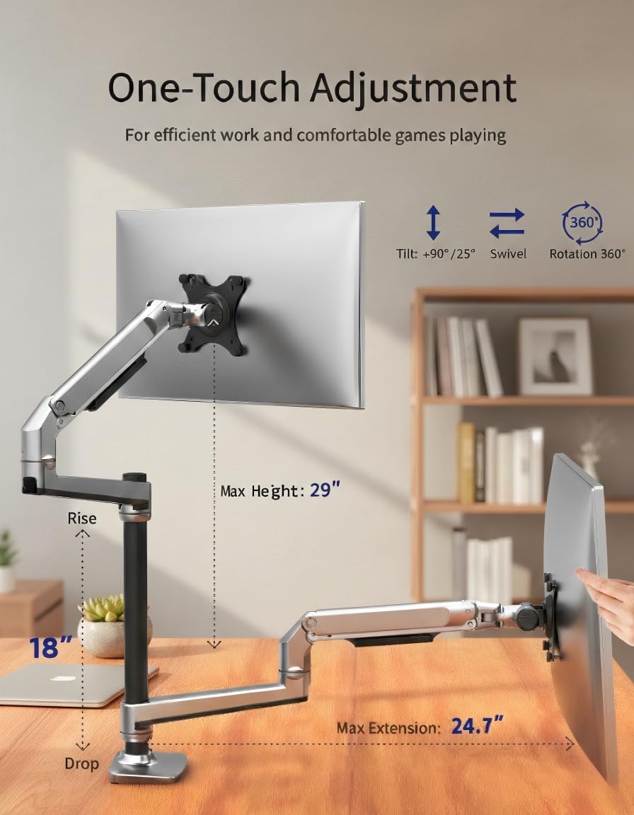Ergounion Premium Dual Monitor Stand for Desk, High-Grade Aluminum Stacked Monitor Arm with Heavy-Duty Mechanical Spring, Adjustable Vertical Double Monitor Mount for 13-40 inch Screens, Silver