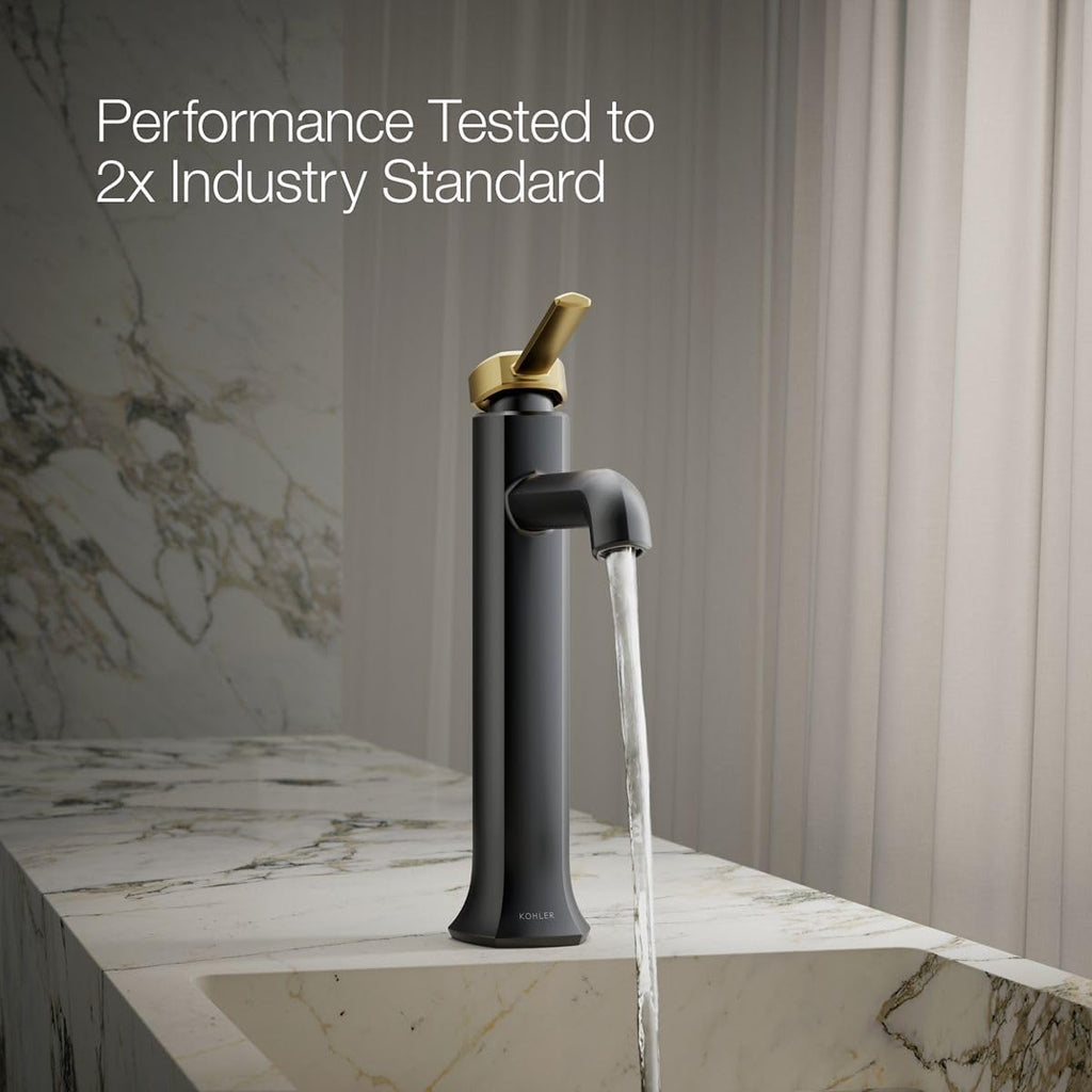 KOHLER 27003-4K-BMB Occasion Tall Single-Handle Bathroom Faucet with Pop-Up Drain Assembly, One Hole Bathroom Sink Faucet, 1.0 gpm, Matte Black with Moderne Brass