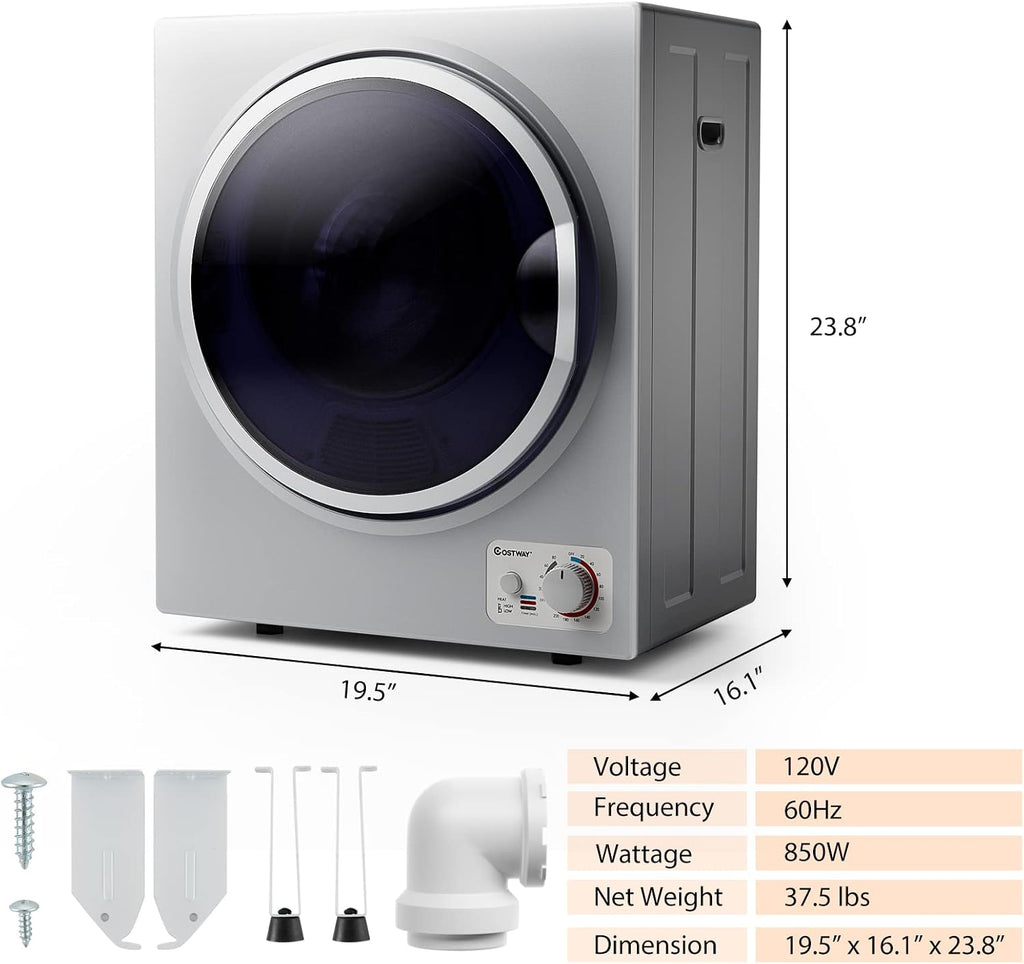 COSTWAY Compact Laundry Dryer, 110V Electric Portable Clothes Dryer with Stainless Steel Tub, Control Panel Downside Easy Control for 4 Automatic Drying Mode (Stainless Steel-Silver)