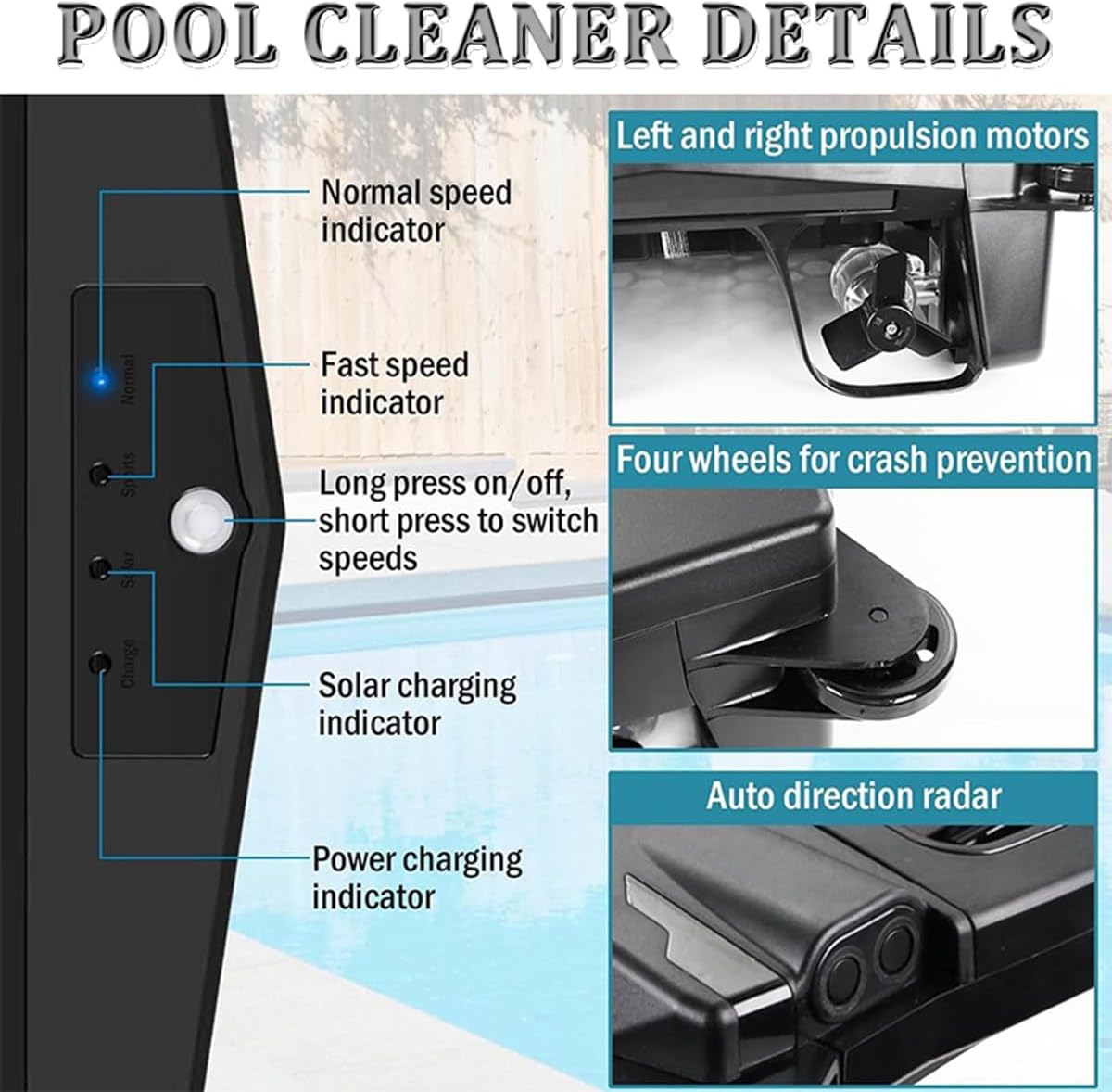 Solar Powered Robotic Pool Sur-face Skimmer Robot with 24/7 Continuous Cleaning, Cordless Robotic Cleaner Smart Obstacle Avoidance, 3.4L Garbage Collection Basket, 2 Speed Modes