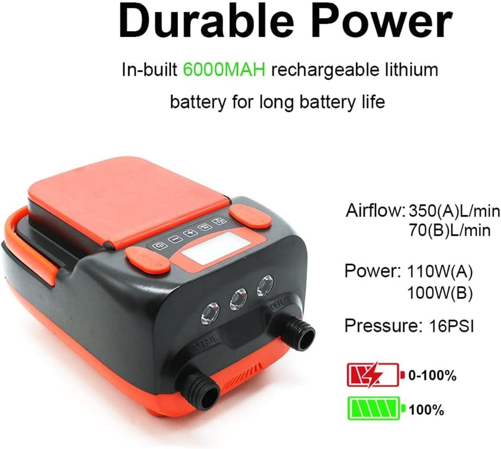 Paddle Board Air PumpRechargeable LCD Electric Air Pump6000mah Rechargeable AC 110V/ DC 12V Powered High Pressure SUP Air Inflator/Deflator for Air Mattresses