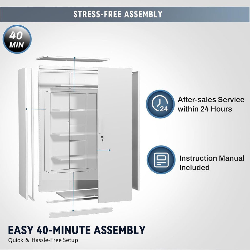 Metal Garage Storage Cabinet with Lock, 72' Tall Steel Storage Locker with 4 Adjustable Shelves, Heavy Duty Metal Cabinet for Garage, Office, Home, White