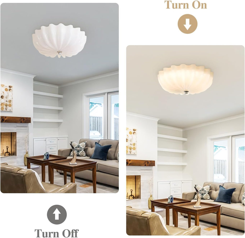 Large White Scalloped Semi Flush Mount Ceiling Light Vintage Milk Glass Flush Mount Ceiling Light Mid Century Modern Ceiling Lights for Entryway Hallway Bedroom