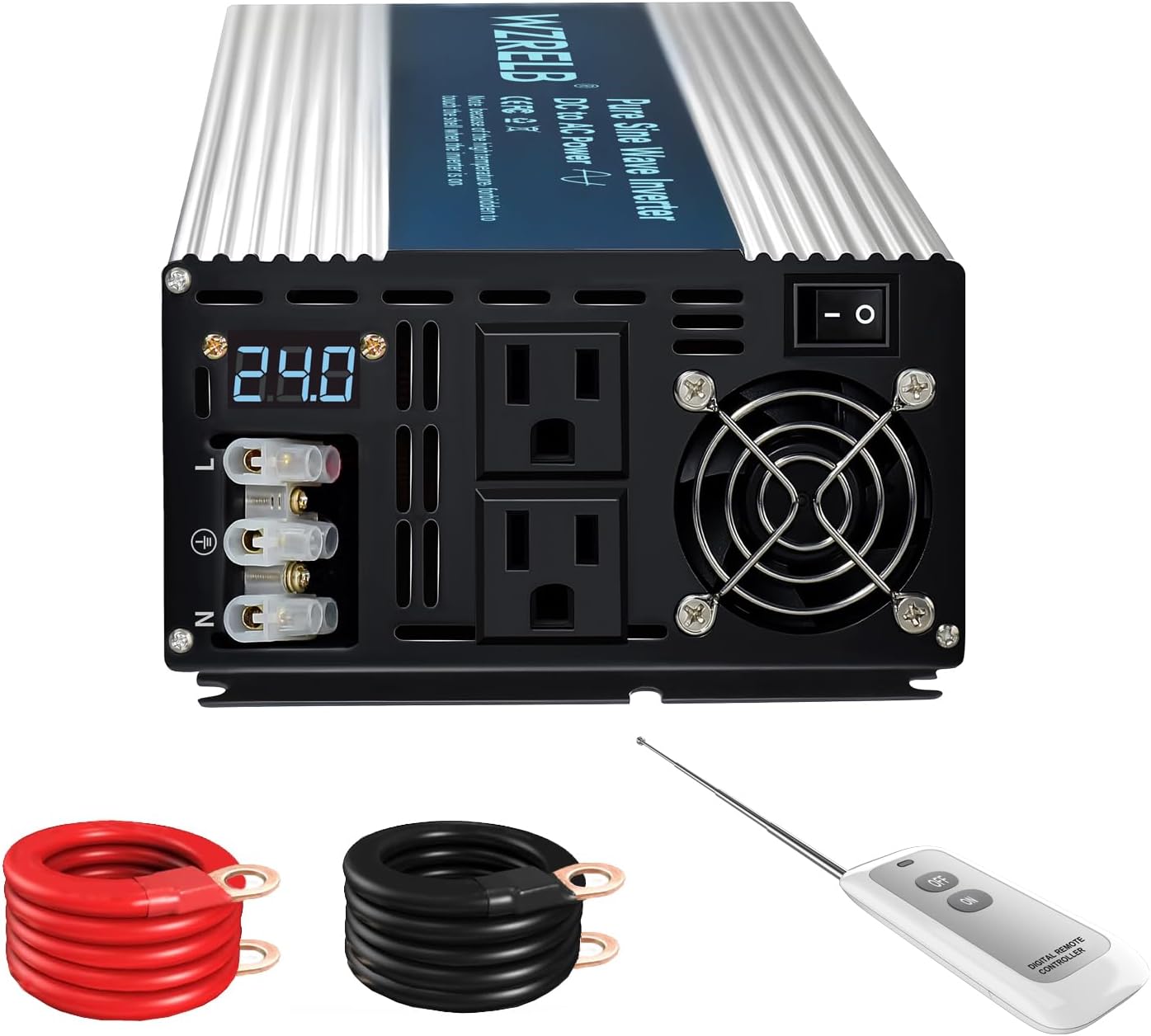 WZRELB 3500W Pure Sine Wave Inverter 24V DC to 110V 120V AC with LED Display,Remote Controller,Off-Grid Power Converter 7000W Surge with Dual AC Outlets, Hardwire Terminal for Home, RV, Truck, Camping