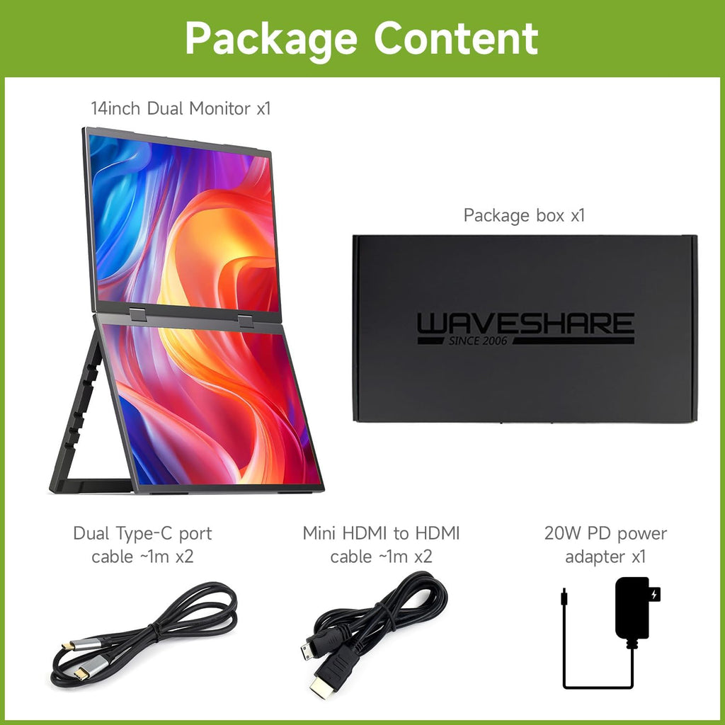 waveshare 14inch Dual-Screen Portable Monitor, Supports Windows/MacOS, Dual-1080p High Definition Foldable Screen, 100% SRGB, 178° Wide Viewing Angle, Built-in Gravity Sensor, Hi-Fi Speaker