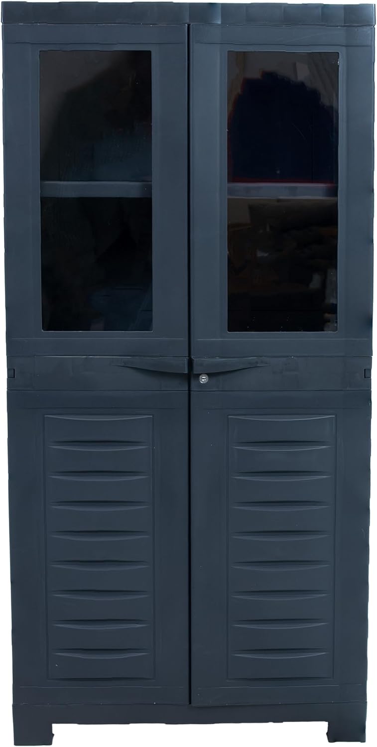 Sunnydaze 48.75' H Resin Garage Storage Cabinet - Garage Cabinet with 2 Acrylic Glass Doors - Freestanding Utility Storage for Laundry Room, Office, Basement - Charcoal