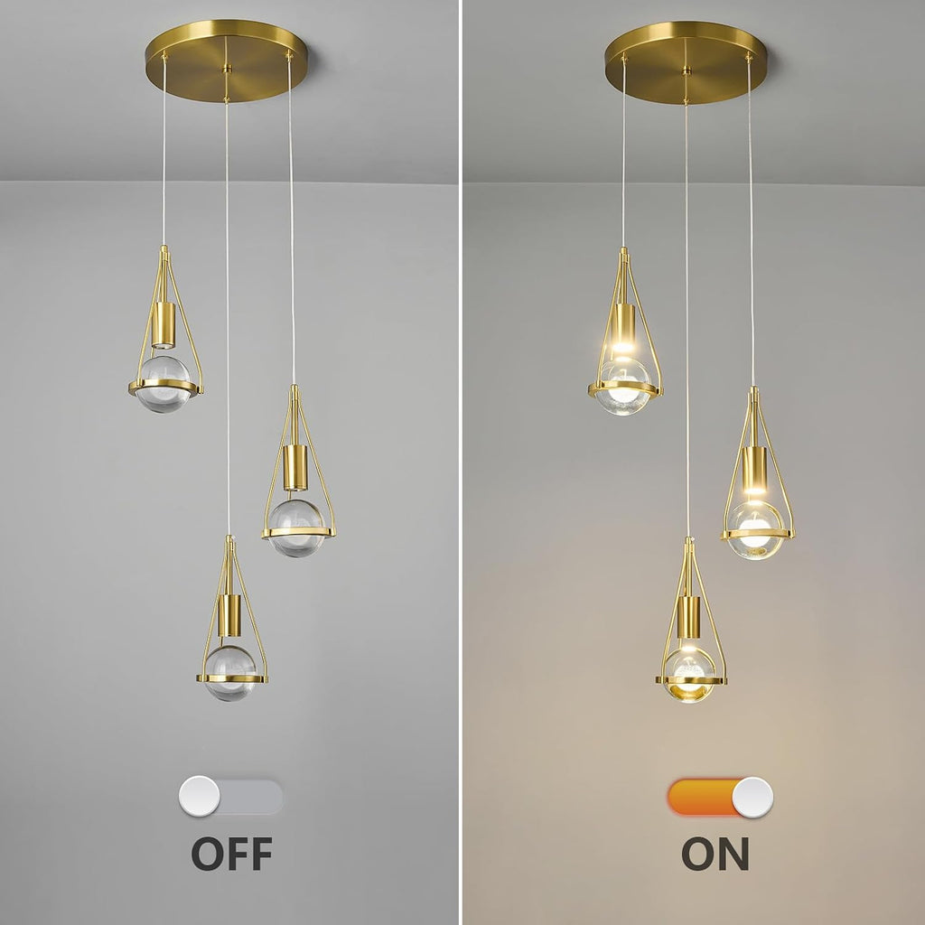 Gold Dandelion Pendant Light in Brushed Brass Finish, 3-Light Modern Crystal Kitchen Island Pendant Lighting Dimmable LED Hanging Ceiling Light Fixture for Bathroom Bedroom
