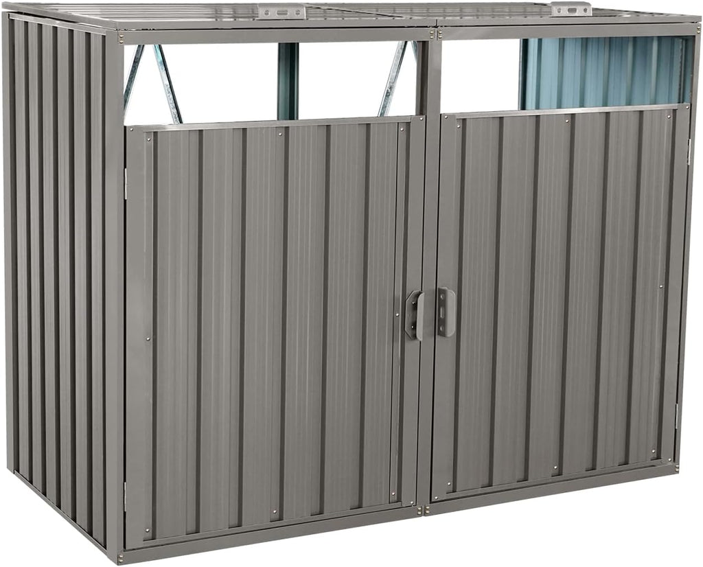 Outdoor Trash Can Storage Shed, Metal Trash Can Enclosure for 2 Trash Cans, Garbage Can Holders for Outside, Garbage Bin Storage Shed for Garden Yard Lawn (5.3 FT, Light Gray)